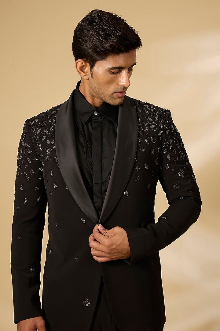 Black Polyester Tuxedo Set by Qbik Men at Pernia's Pop Up Shop