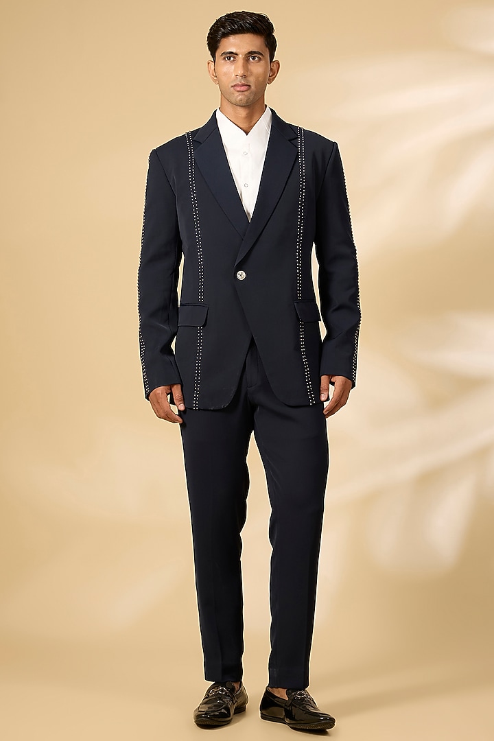 Navy Blue Polyester Tuxedo Set by Qbik Men