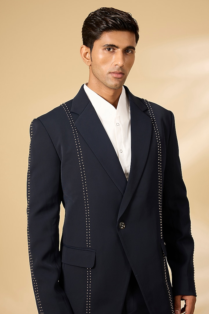 Navy Blue Polyester Tuxedo Set by Qbik Men at Pernia's Pop Up Shop