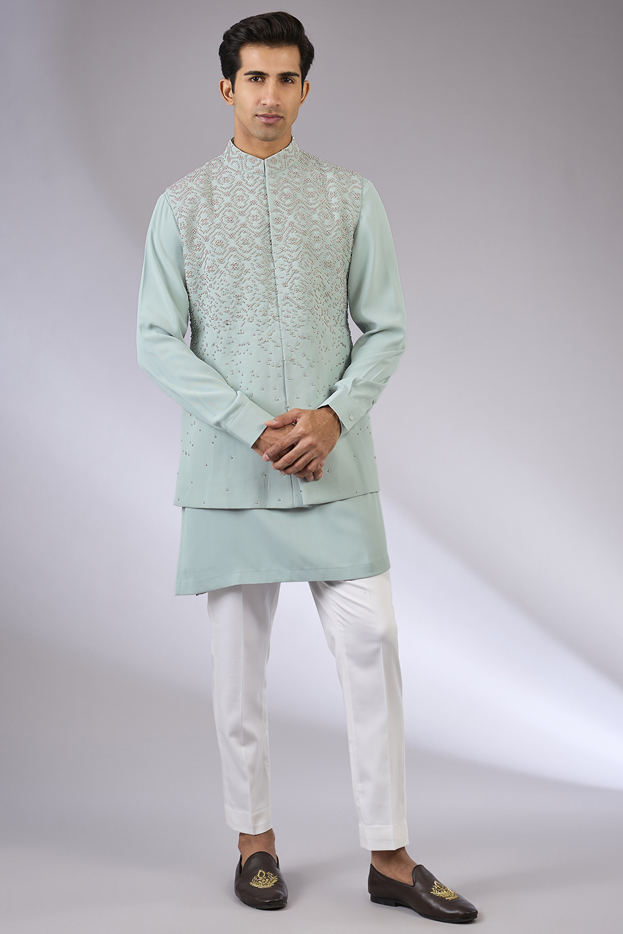 Mint Viscose Suiting Knit Bundi Jacket Set by Qbik Men