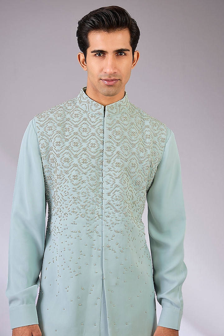 Mint Viscose Suiting Knit Bundi Jacket Set by Qbik Men at Pernia's Pop Up Shop