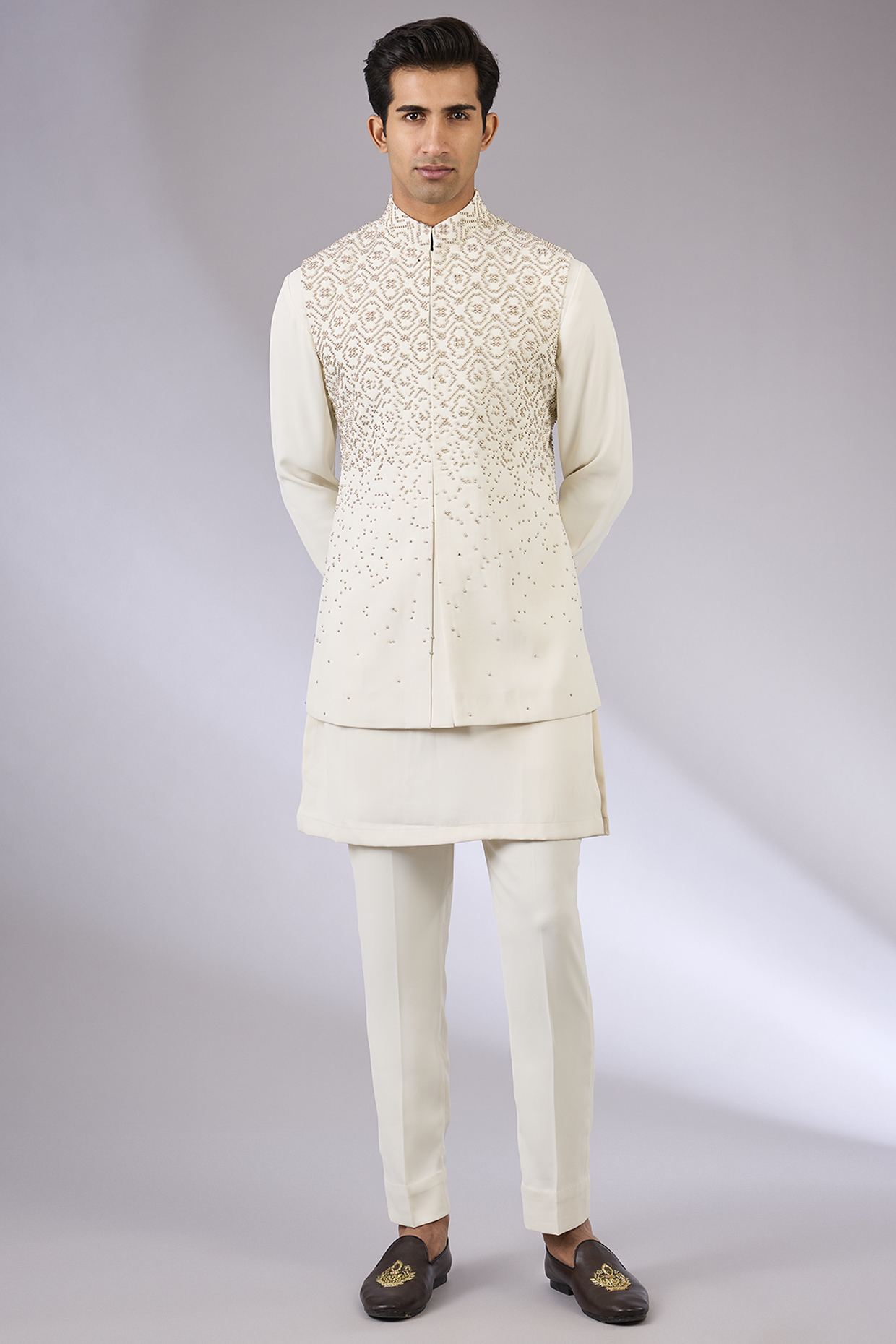 Ivory Viscose Suiting Knit Bundi Jacket Set by Qbik Men