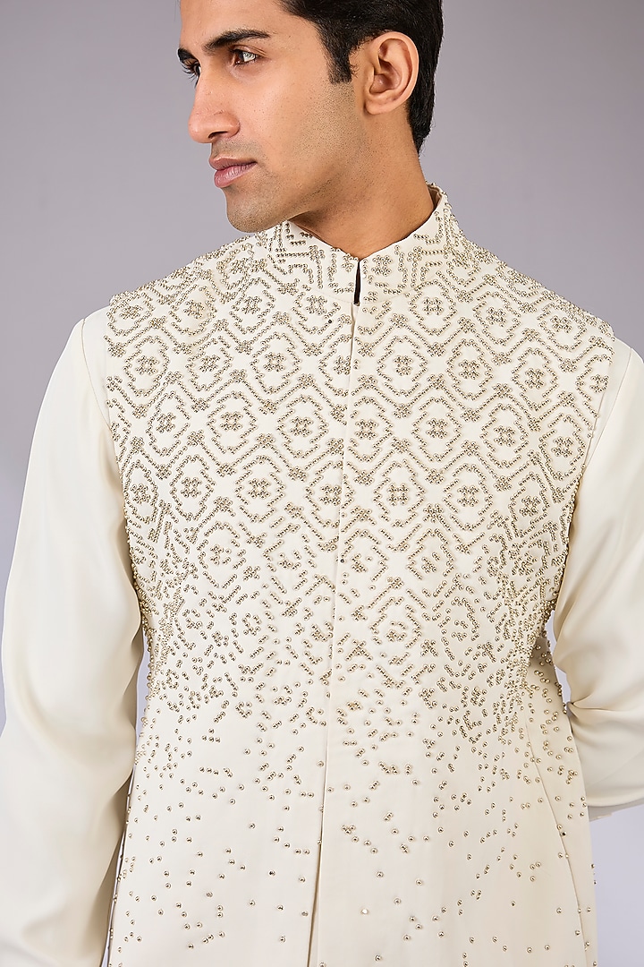 Ivory Viscose Suiting Knit Bundi Jacket Set by Qbik Men at Pernia's Pop Up Shop