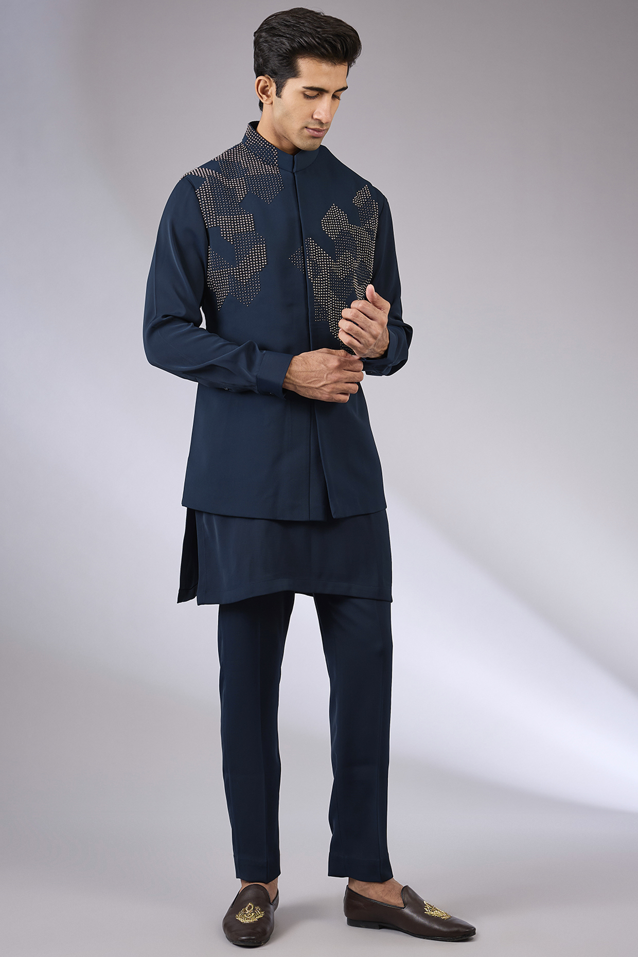 Navy Blue Cotton Matka & Viscose Suiting Knit Bundi Jacket Set by Qbik Men
