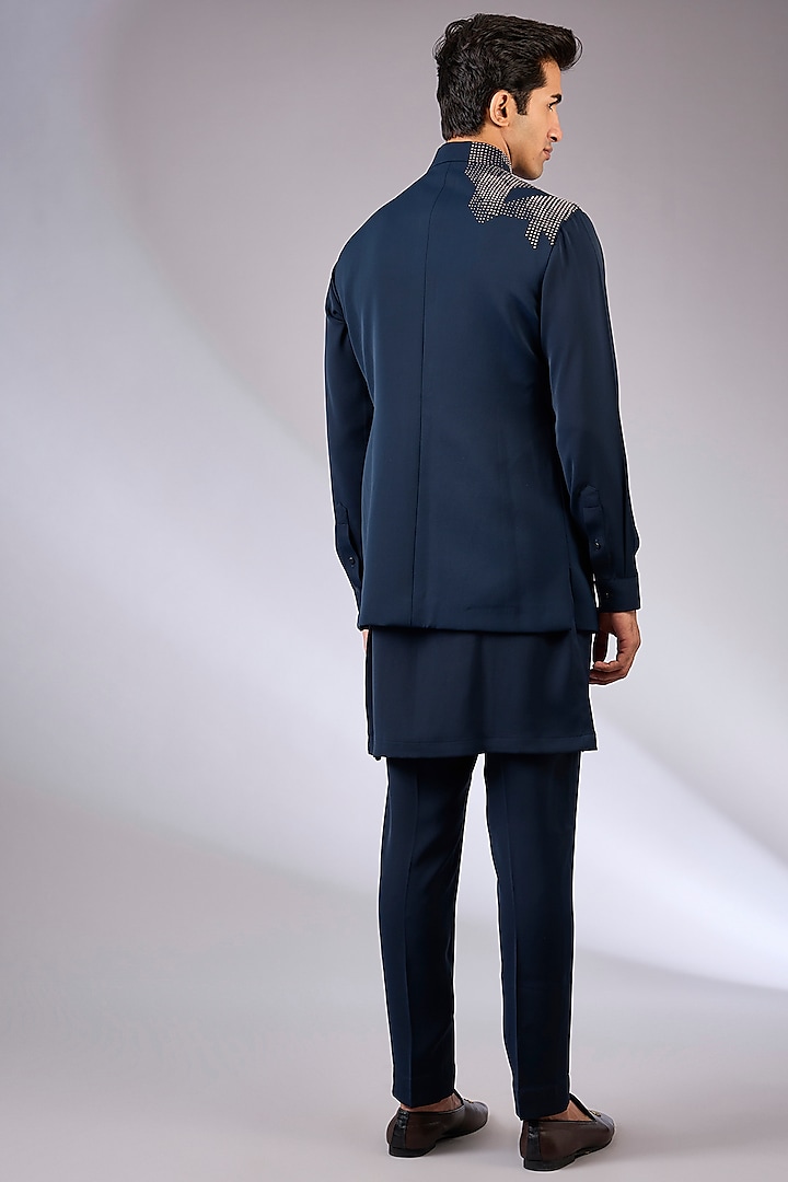 Navy Blue Cotton Matka & Viscose Suiting Knit Bundi Jacket Set by Qbik Men at Pernia's Pop Up Shop