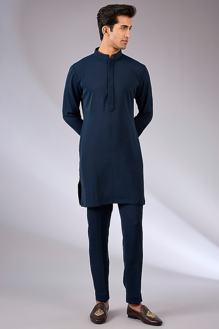 Navy Blue Cotton Matka & Viscose Suiting Knit Bundi Jacket Set by Qbik Men at Pernia's Pop Up Shop