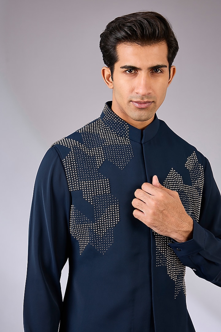 Navy Blue Cotton Matka & Viscose Suiting Knit Bundi Jacket Set by Qbik Men at Pernia's Pop Up Shop
