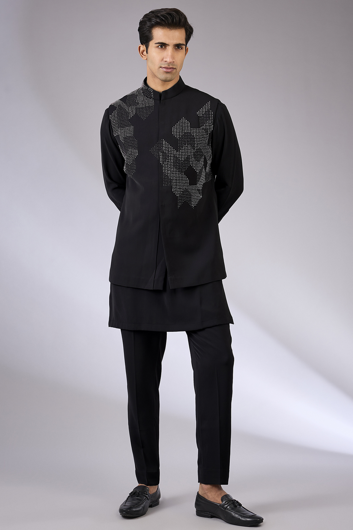 Black Cotton Matka & Viscose Suiting Knit Bundi Jacket Set by Qbik Men
