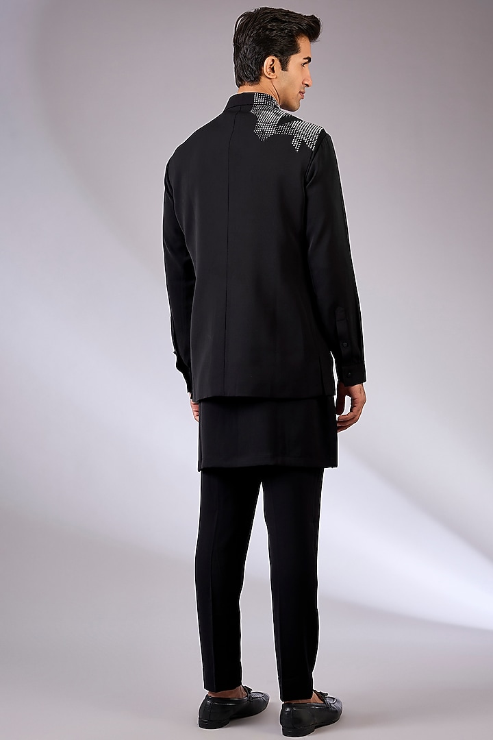 Black Viscose Suiting Knit Bundi Jacket Set by Qbik Men at Pernia's Pop Up Shop