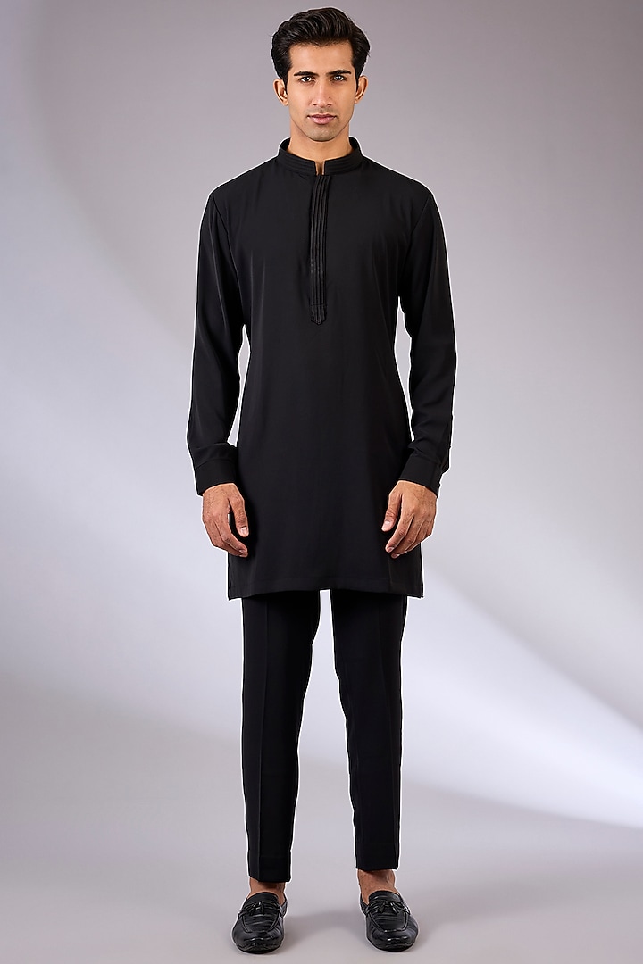 Black Viscose Suiting Knit Bundi Jacket Set by Qbik Men at Pernia's Pop Up Shop