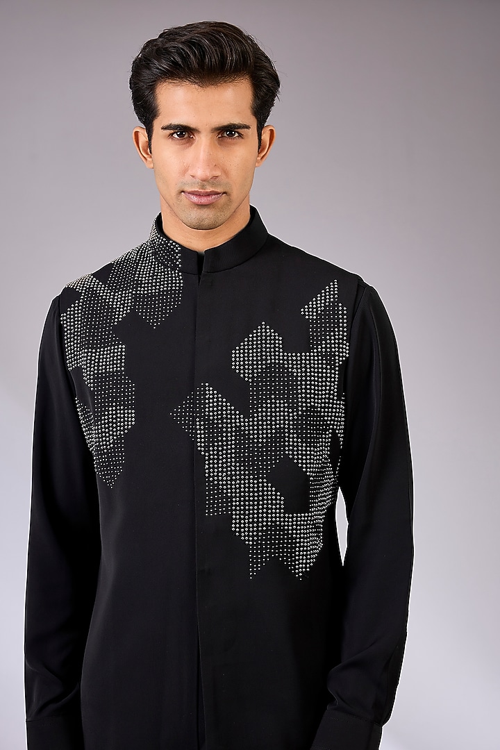Black Viscose Suiting Knit Bundi Jacket Set by Qbik Men at Pernia's Pop Up Shop