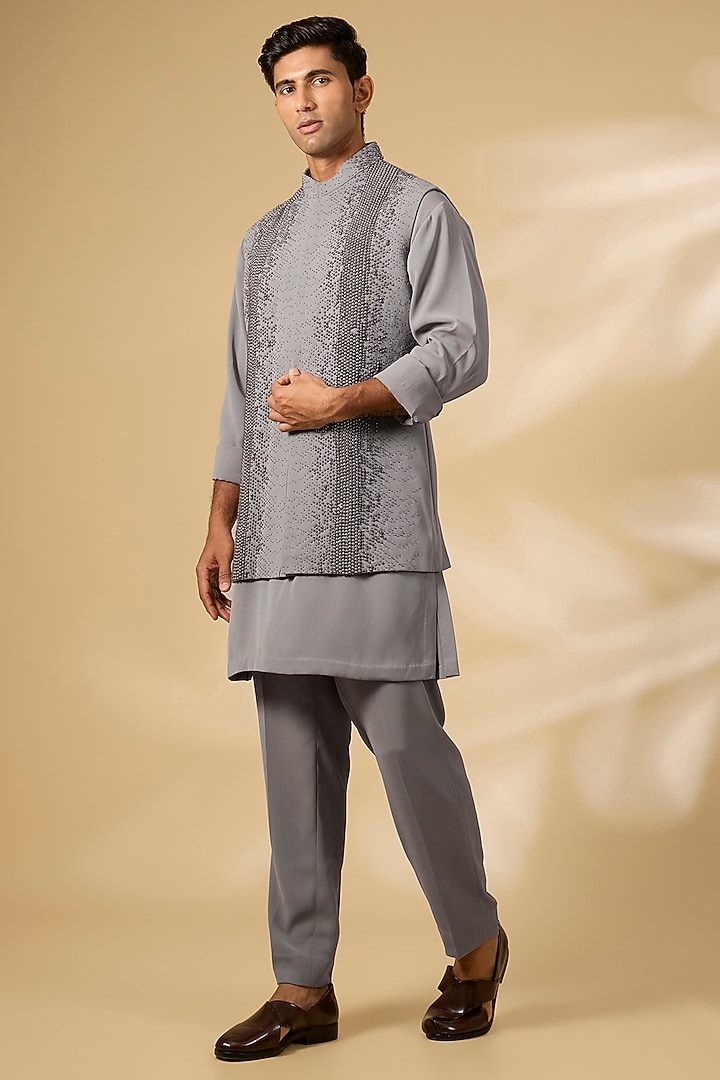 Grey Cotton Silk Nehru Jacket Set by Qbik Men