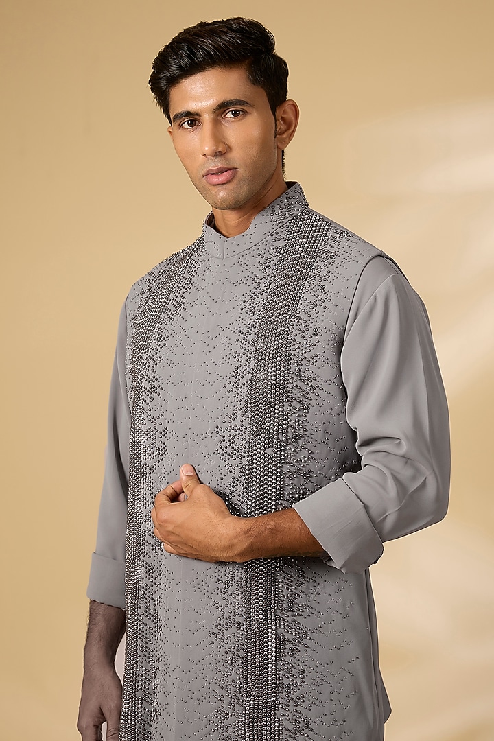 Grey Cotton Silk Nehru Jacket Set by Qbik Men at Pernia's Pop Up Shop