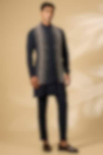 Navy Blue Viscose Suiting Indowestern Set by Qbik Men