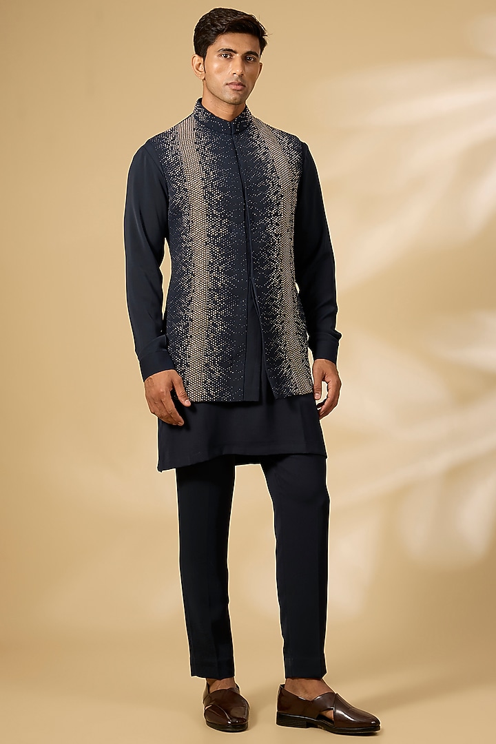 Navy Blue Viscose Suiting Indowestern Set by Qbik Men