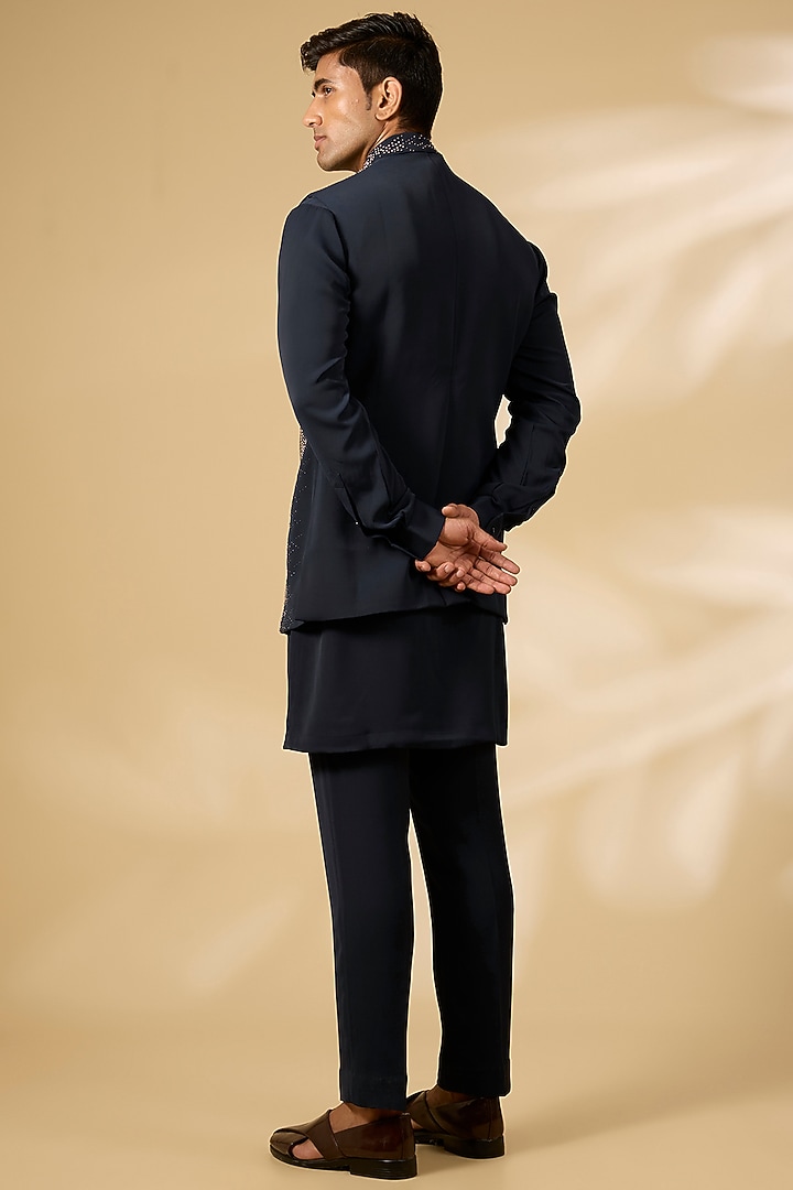 Navy Blue Viscose Suiting Wedding Indowestern Set by Qbik Men at Pernia's Pop Up Shop