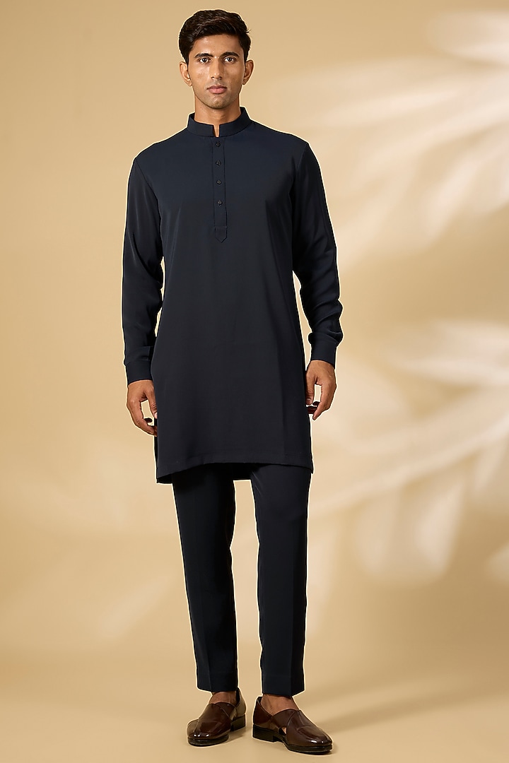 Navy Blue Viscose Suiting Wedding Indowestern Set by Qbik Men at Pernia's Pop Up Shop