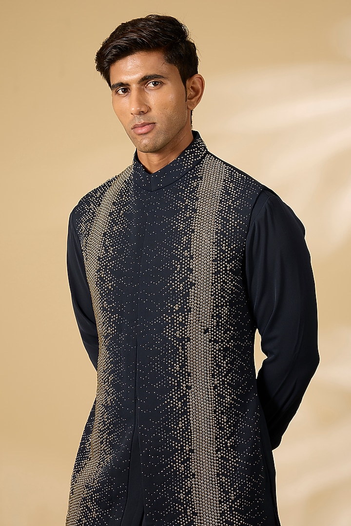 Navy Blue Viscose Suiting Wedding Indowestern Set by Qbik Men at Pernia's Pop Up Shop