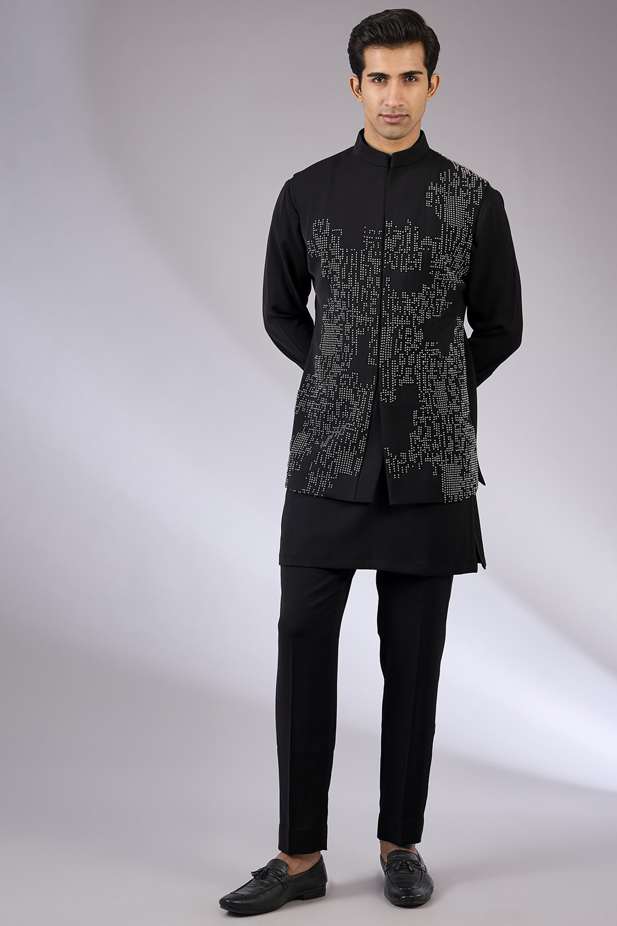 Black Cotton Matka & Viscose Suiting Knit Bundi Jacket Set by Qbik Men
