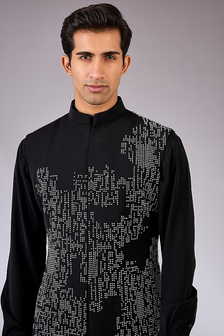 Black Cotton Matka & Viscose Suiting Knit Bundi Jacket Set by Qbik Men at Pernia's Pop Up Shop