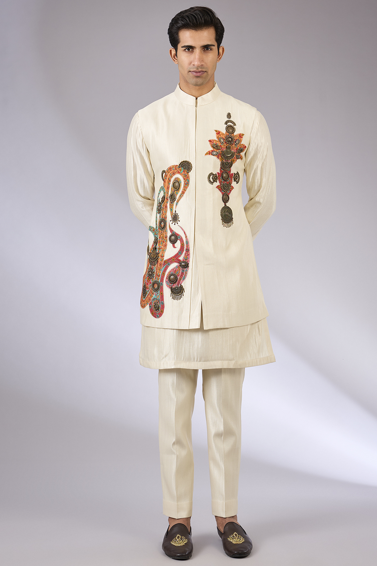 Gold Cotton Matka & Viscose Suiting Knit Bundi Jacket Set by Qbik Men