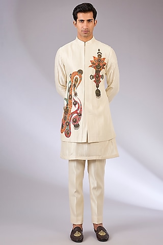 Gold Cotton Matka & Viscose Suiting Knit Bundi Jacket Set by Qbik Men