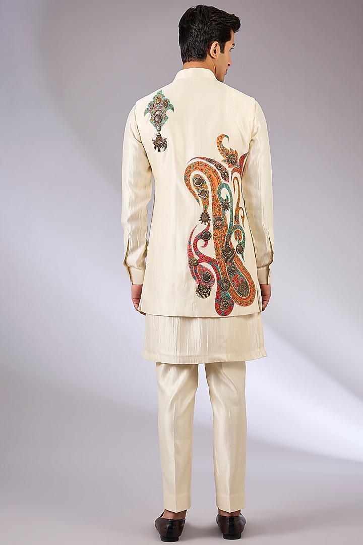 Gold Cotton Matka & Viscose Suiting Knit Bundi Jacket Set by Qbik Men at Pernia's Pop Up Shop