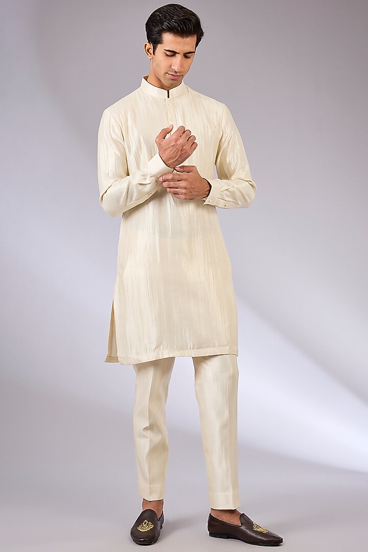 Gold Cotton Matka & Viscose Suiting Knit Bundi Jacket Set by Qbik Men at Pernia's Pop Up Shop