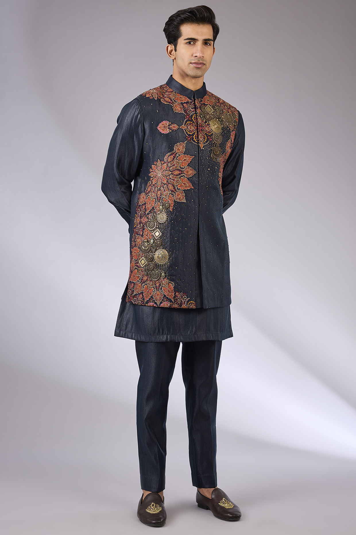 Navy Blue Cotton Matka & Viscose Suiting Knit Bundi Jacket Set by Qbik Men