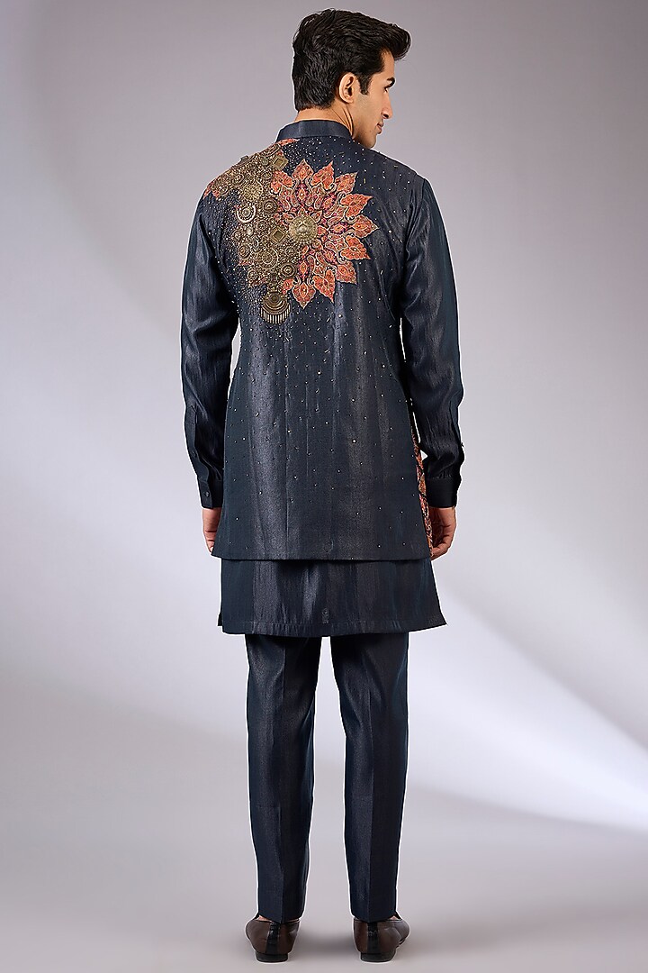 Navy Blue Cotton Matka & Viscose Suiting Knit Bundi Jacket Set by Qbik Men at Pernia's Pop Up Shop