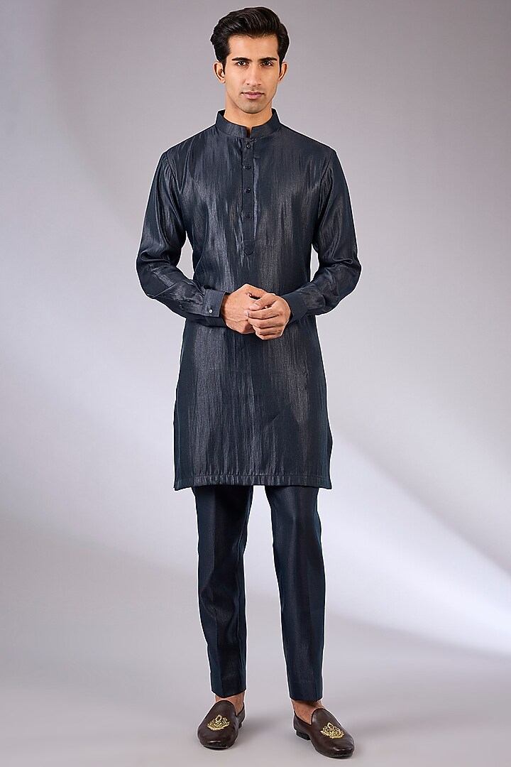 Navy Blue Cotton Matka & Viscose Suiting Knit Bundi Jacket Set by Qbik Men at Pernia's Pop Up Shop