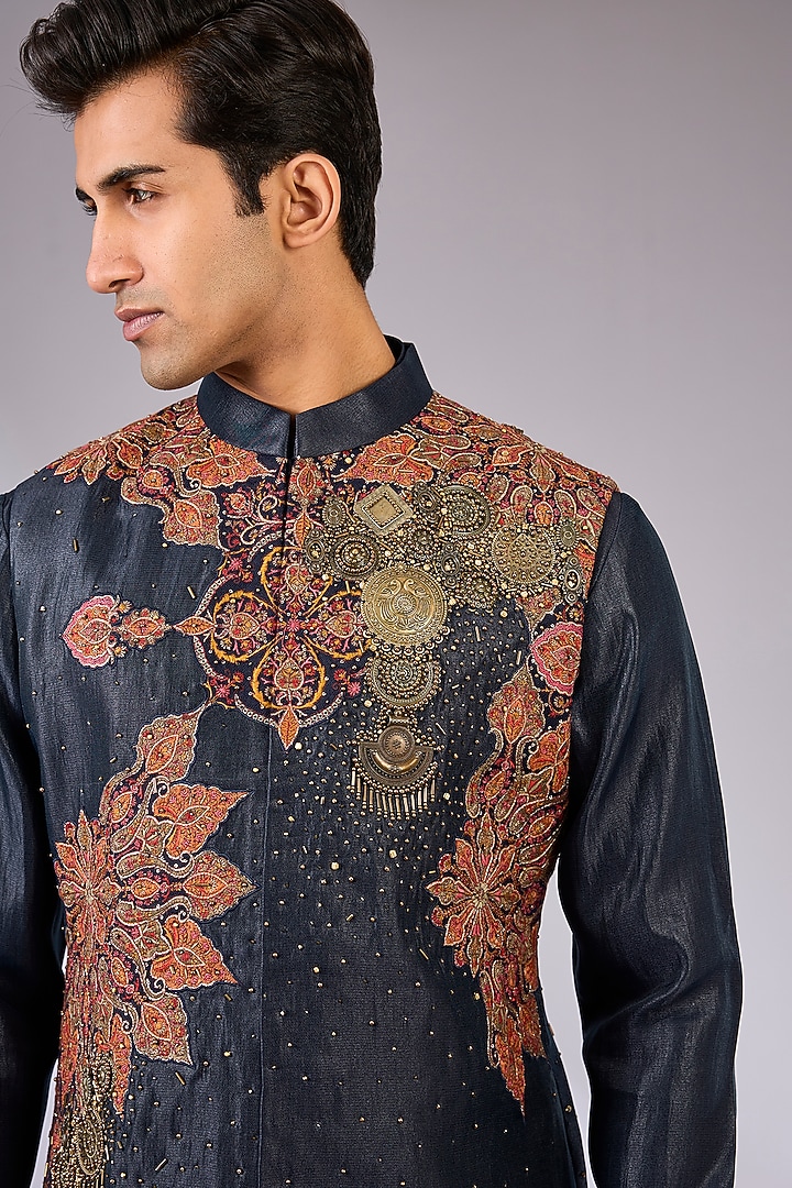 Navy Blue Cotton Matka & Viscose Suiting Knit Bundi Jacket Set by Qbik Men at Pernia's Pop Up Shop