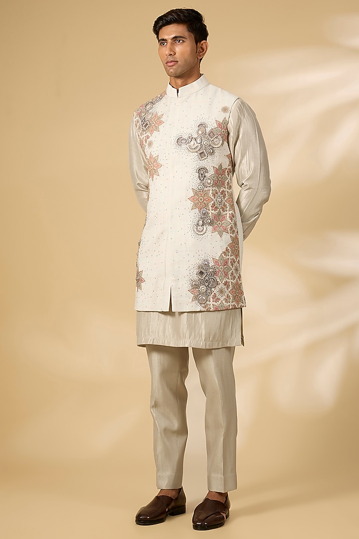 Ivory Cotton Matka & Viscose Suiting Nehru Jacket Set by Qbik Men