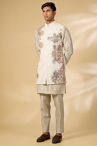 Ivory Cotton Matka & Viscose Suiting Nehru Jacket Set by Qbik Men