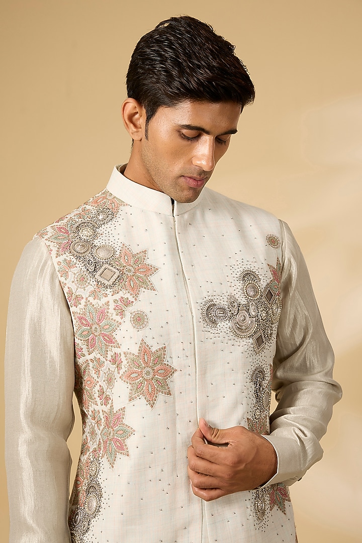 Ivory Cotton Matka & Viscose Suiting Nehru Jacket Set by Qbik Men at Pernia's Pop Up Shop