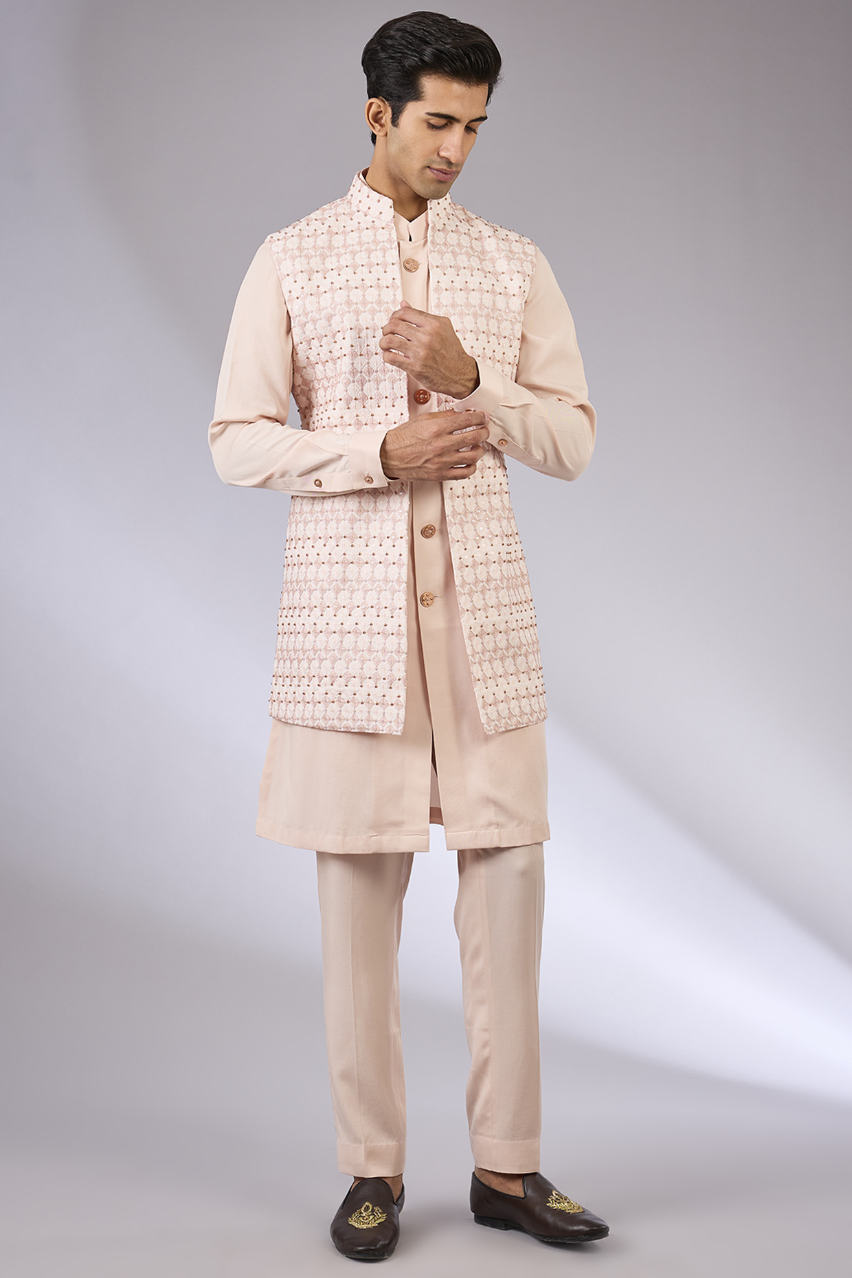Blush Pink Cotton Matka & Viscose Suiting Knit Indowestern Jacket Set by Qbik Men at Pernia's Pop Up Shop