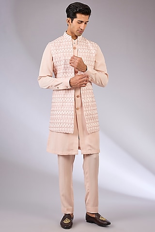 Blush Pink Cotton Matka & Viscose Suiting Knit Indowestern Jacket Set by Qbik Men