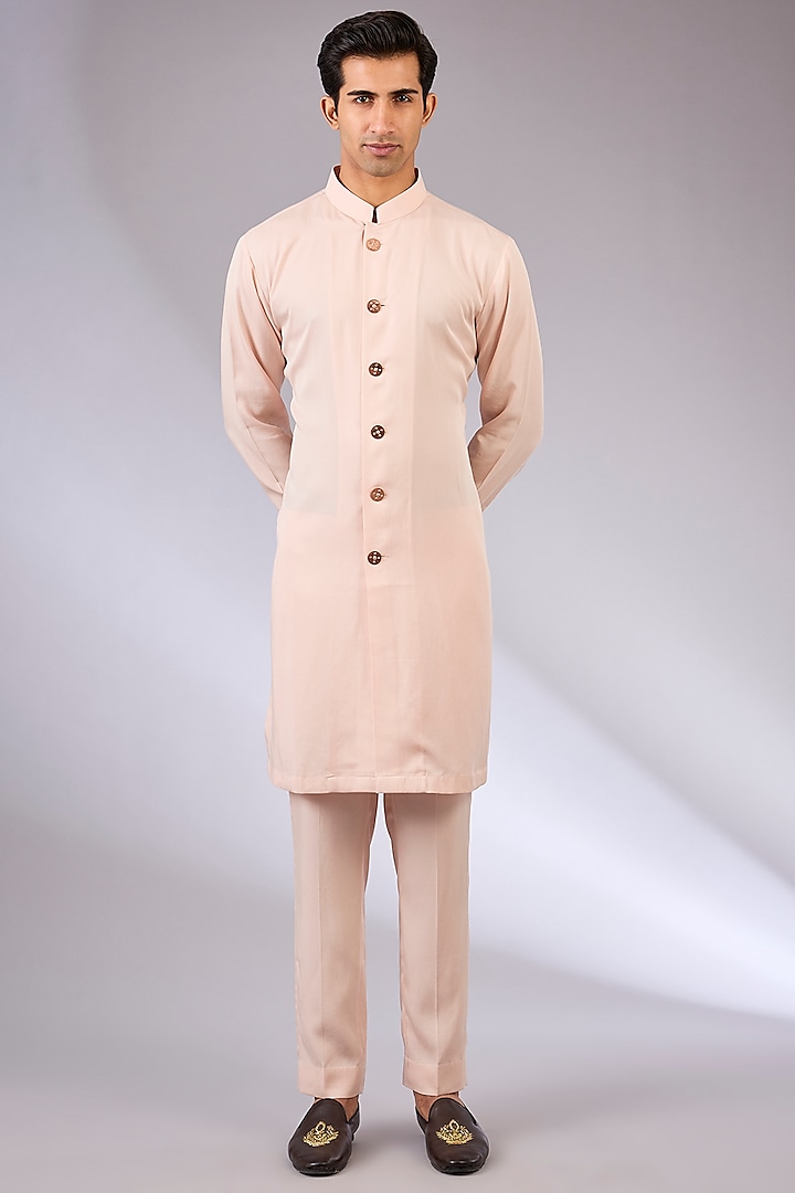 Blush Pink Cotton Matka & Viscose Suiting Knit Indowestern Jacket Set by Qbik Men at Pernia's Pop Up Shop