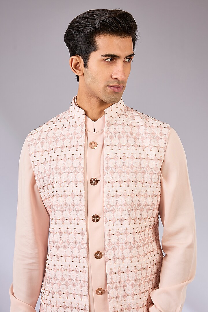 Blush Pink Cotton Matka & Viscose Suiting Knit Indowestern Jacket Set by Qbik Men at Pernia's Pop Up Shop