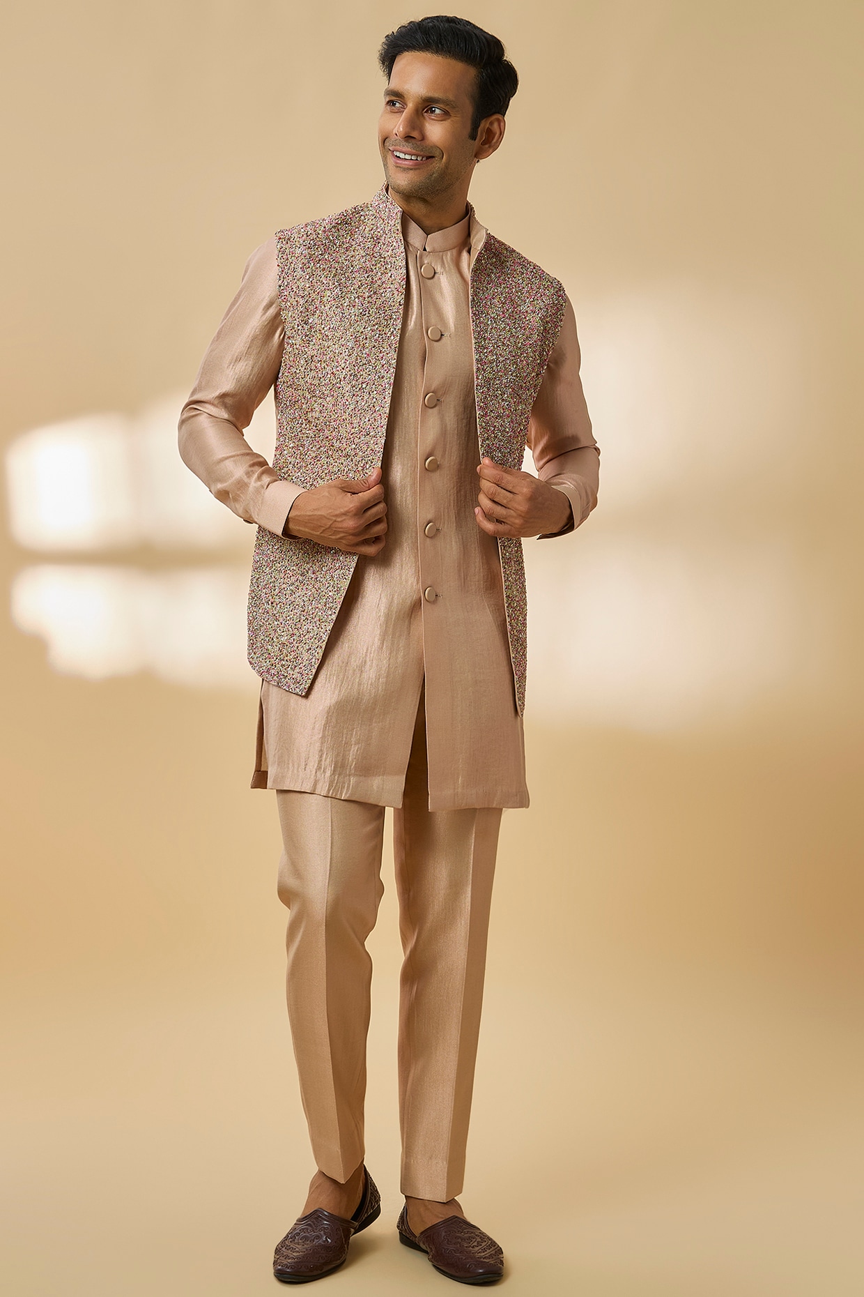 Qbik Peach Linen Silk Chanderi Sequin Embroidered Nehru Jacket Set