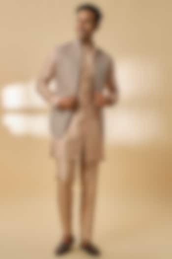 Peach Linen Silk Chanderi Sequin Embroidered Nehru Jacket Set by Qbik Men at Pernia's Pop Up Shop