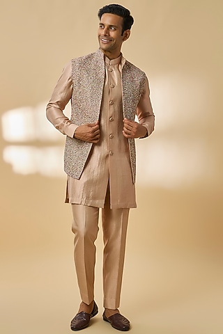 Peach Linen Silk Chanderi Sequin Embroidered Nehru Jacket Set by Qbik Men