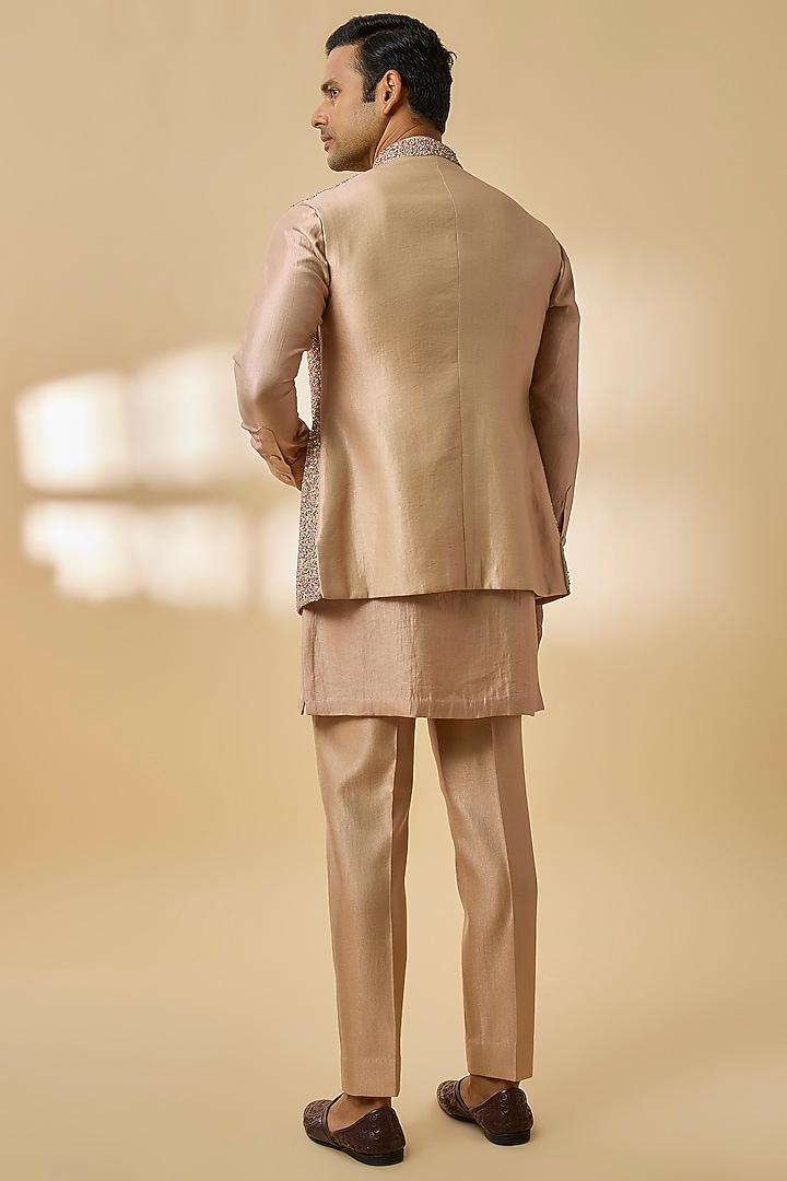 Peach Linen Silk Chanderi Sequin Embroidered Nehru Jacket Set by Qbik Men at Pernia's Pop Up Shop