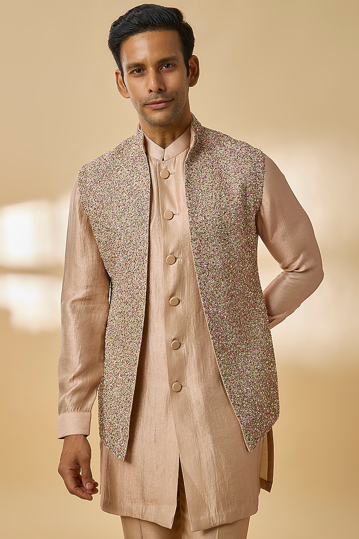 Peach Linen Silk Chanderi Sequin Embroidered Nehru Jacket Set by Qbik Men at Pernia's Pop Up Shop