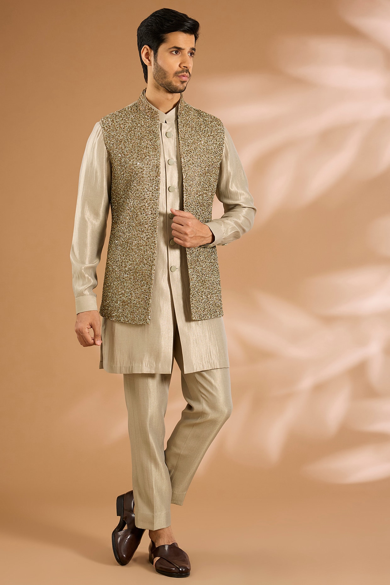 Qbik Light Sage Linen Silk Chanderi Sequin Embroidered Nehru Jacket Set