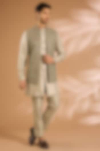 Light Sage Linen Silk Chanderi Sequin Embroidered Nehru Jacket Set by Qbik Men at Pernia's Pop Up Shop