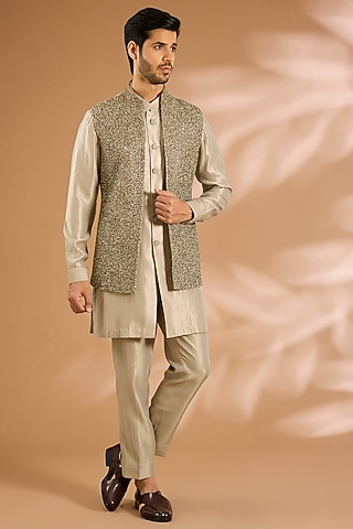 Light Sage Linen Silk Chanderi Sequin Embroidered Nehru Jacket Set by Qbik Men