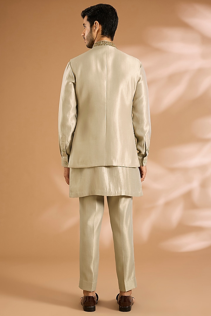 Light Sage Linen Silk Chanderi Sequin Embroidered Nehru Jacket Set by Qbik Men at Pernia's Pop Up Shop