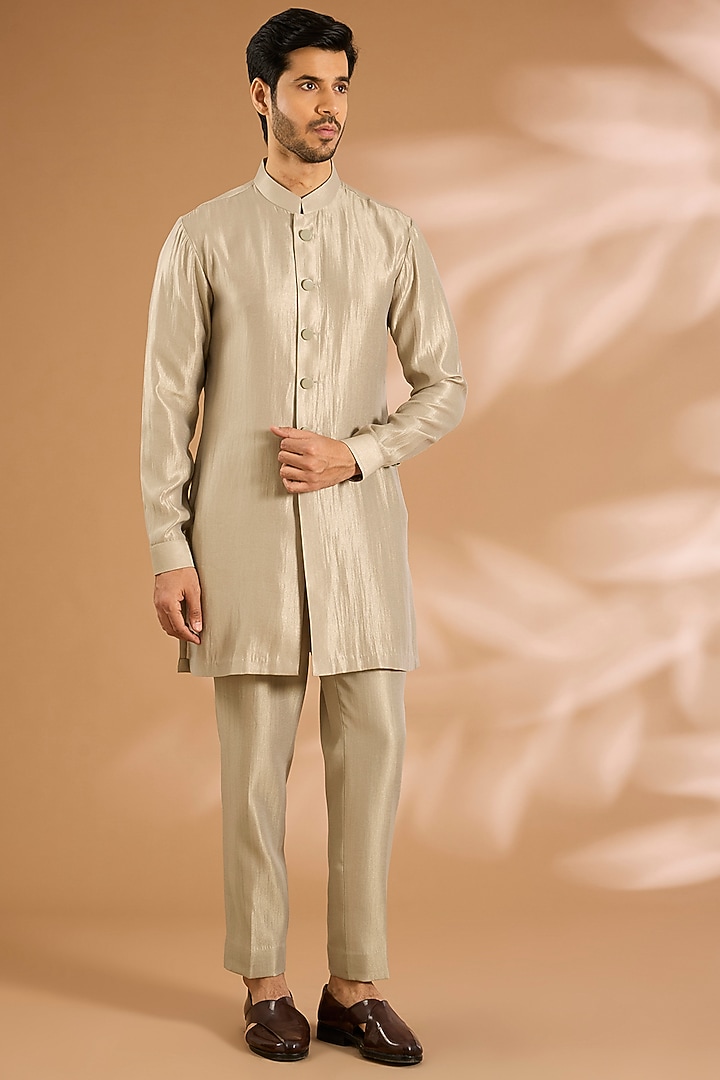 Light Sage Linen Silk Chanderi Sequin Embroidered Nehru Jacket Set by Qbik Men at Pernia's Pop Up Shop