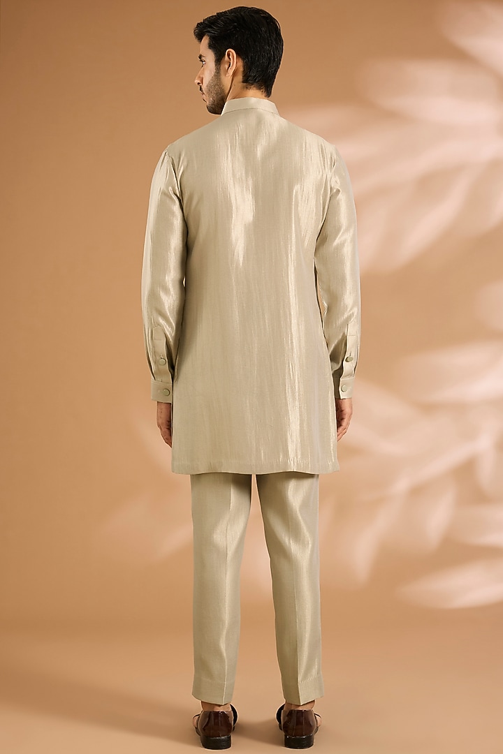 Light Sage Linen Silk Chanderi Sequin Embroidered Nehru Jacket Set by Qbik Men at Pernia's Pop Up Shop